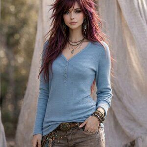 Seven 7 Long Sleeve Confederate Blue Waffle Henley Pullover, Size Medium